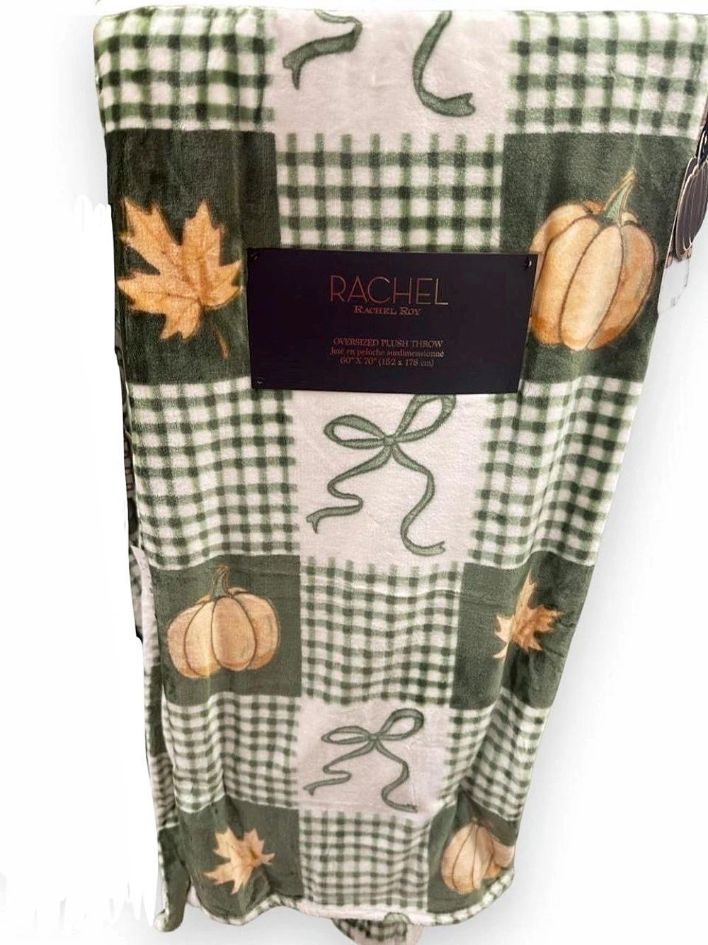 Rachel Roy Fall Oversized Plush Throw Blanket, Green w/ Pumpkins